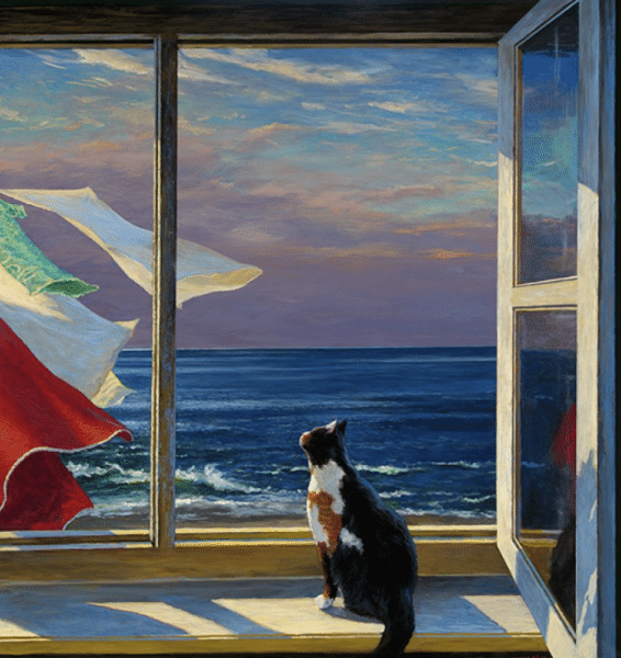 Painting of a California seascape from the viewof a cat sitting by a window looking out over the ocean while the pink and purple sky on the horizon and twilight streams of light hit the window sill.