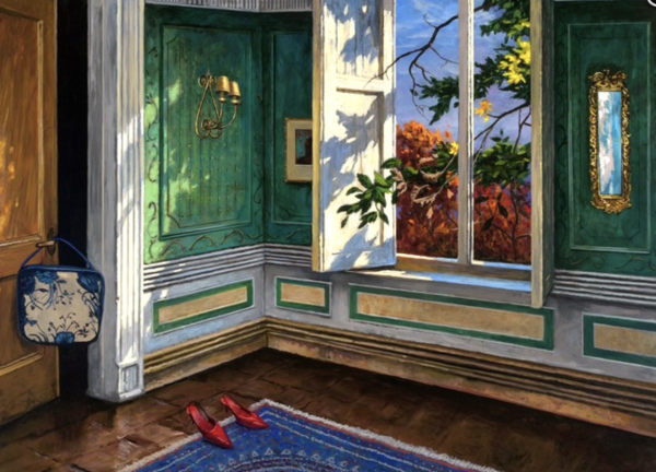 Contemporary American Painting by Artist Mark Beck featuring an interior with streaming light coming in through the windows and view of the fall landscape beyond.
